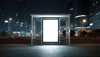 Obraz premium Blank Billboard at a Modern Bus Stop at Night.