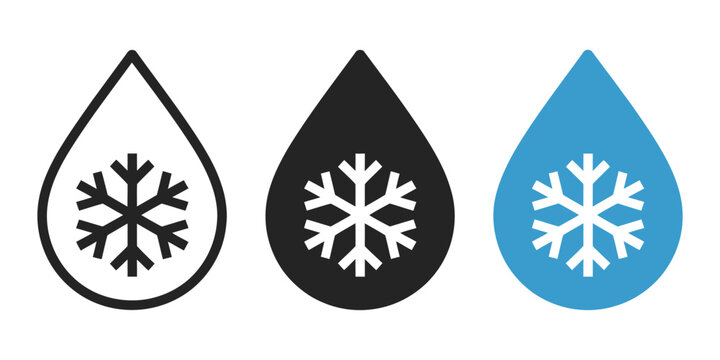 Defrost melting heater icon with water drop and snowflake symbol, representing thawing, temperature control, cooling systems, and ice melting in flat vector style for home appliances, HVAC design, and