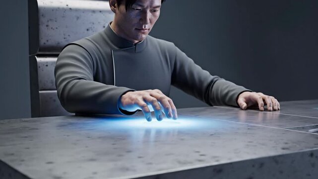 Macro of East Asian man's hand hovering over sandblasted titanium desk with pulsing light, futuristic tech concept