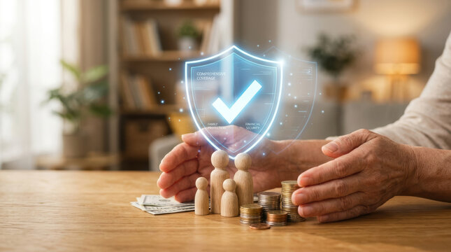 Protective adult hands offer care around wooden family figure and money coin under glowing blue shield securing life insurance wealth security finance safe future protection