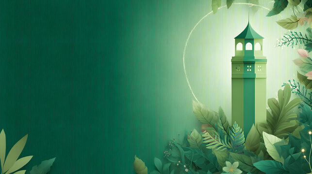 Ramadan Green Tower Lantern in Lush Jungle Setting. Eid al-Fitr, Eid Mubarak, Happy Eid al-Fitr, Ramadhan Kareem Banner, Ramadan Banner