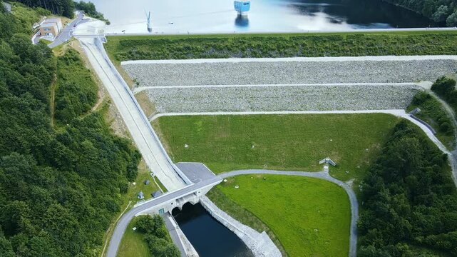 Reservoir Edge Overview. Unmanned Drone Survey Showcases Hydraulic Structure And Water Features