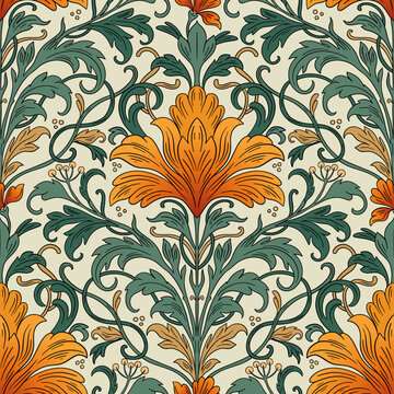 Art Nouveau Seamless Pattern With Vintage Iris Flowers And Antique Ornamental Leaves