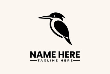 Black kingfisher logo illustration with sample text on a beige background, featuring a stylized bird icon and placeholder name and tagline.