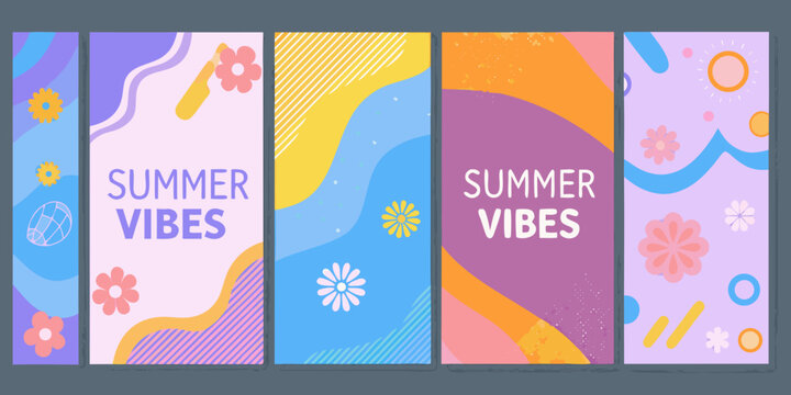 Colorful summer vibes background with floral and geometric shapes