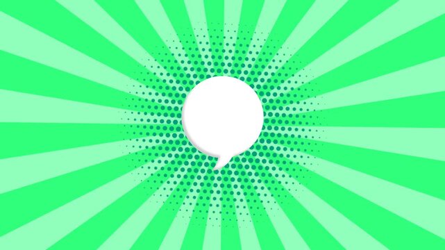 Abstract comic cartoon speech bubble animation with halftone dot pattern background and soft green sunray spiral lines