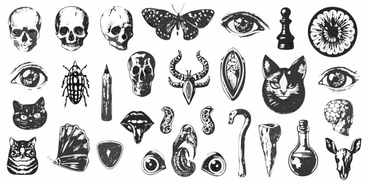 An assortment of dark gothic illustrations including skulls eyes and animals