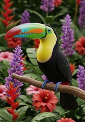 Fototapeta premium Vividly colored avian perches upon a wooden branch surrounded by dense tropical flora