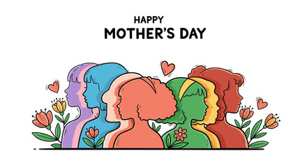 Fototapeta premium A colorful illustration featuring diverse silhouettes of women with floral accents, celebrating Mother's Day in a modern style