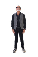 Fototapeta premium Front view of a modern retired man standing and look up on white background