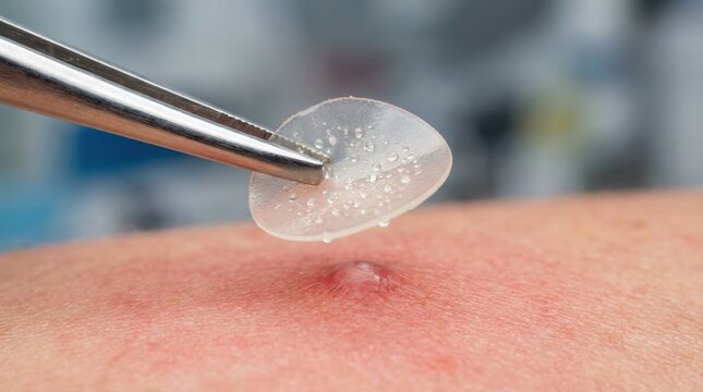 Tweezers holding pimple patch over red inflamed acne blemish
