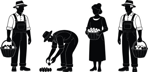 Fototapeta premium Collection of Professional Farmer Silhouettes Featuring Men and Women in Overalls and Hats Carrying Baskets of Fresh Eggs for Poultry Farm Agriculture and Rural Lifestyle Assets