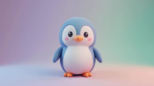 Front-view cartoon penguin toy product illustration on vibrant gradient background, presented as a high-end 3D render for catalog display