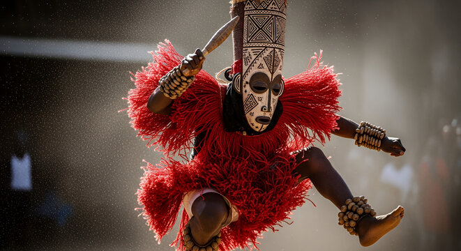 African Mask Festival, Dogon dancer wearing a tall Kanaga mask and vibrant red raffia costume
