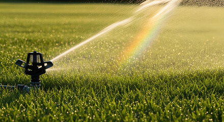 Fototapeta premium Automated sprinkler system watering green grass field with rainbow effect.