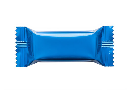 A blue wrapped candy bar on a white background