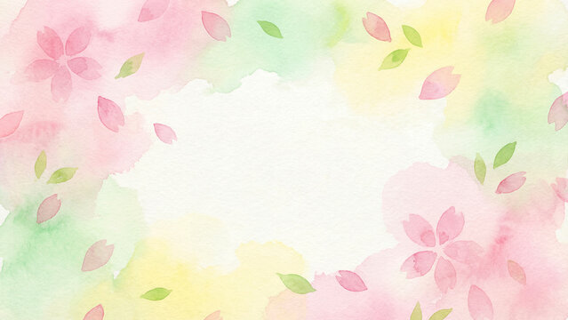 Abstract pastel spring background with watercolor texture, bokeh lights, falling petals, and copy space