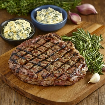 Grilled steak with grill marks on a wooden board, accompanied by rosemary, garlic, creamed spinach, and herbed butter