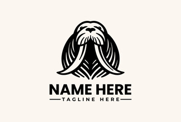 Fototapeta premium A black and white illustration of a walrus head logo with a customizable name and tagline on a plain beige background, featuring a vector-style design.