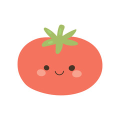 Cute smiling tomato cartoon vegetable illustration for healthy nutrition blogs, vegan cooking content, farm harvest themes, kitchen ingredients and children food education.