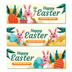 Fototapeta premium Happy easter sale banner with cute rabbits and colorful eggs