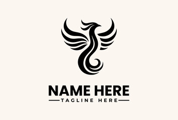 Fototapeta premium A stylized black phoenix logo with wings spread wide on a beige background, accompanied by placeholder text for a name and tagline in a modern template design.