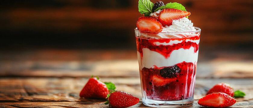Layered strawberry and cream parfait in a glass, topped with fresh berries and mint, on a rustic wooden table with scattered strawberries