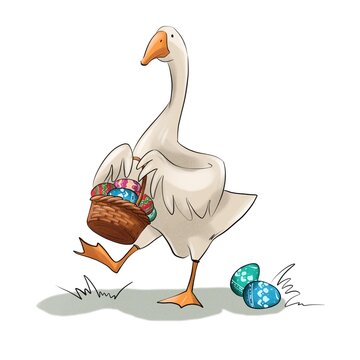 Goose carries colorful Easter eggs in a basket while walking on grass during spring season