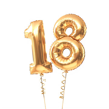 gold balloons in the shape of 18 on sticks