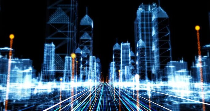 Digital earth network animation with futuristic wireframe city skyline. Technology Related 3D Animation.