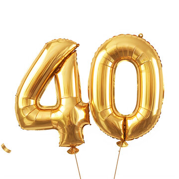 Golden balloons in the shape of number forty on strings