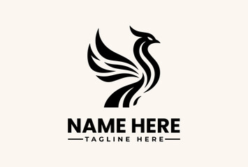 Obraz premium A stylized black swan logo with abstract wings and a placeholder text on a beige background, featuring a vector illustration of a bird icon.