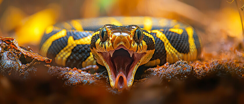 Macro view of a black and yellow patterned snake, mouth wide open with sharp fangs visible, set in a warm, earthy environment