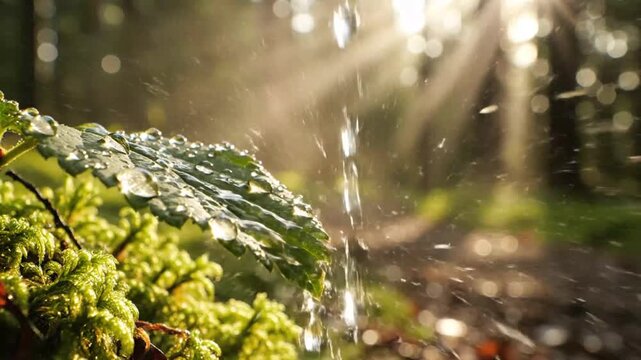 Sunlit morning in a lush forest where dew drops on green leaves and spider webs shimmer under warm sunlight