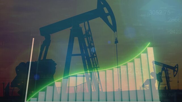 Industrial oil pumping platforms at sunset, combined with a financial growth bar chart and a growth rate graph. This illustrates how political and economic fluctuations affect the oil market.