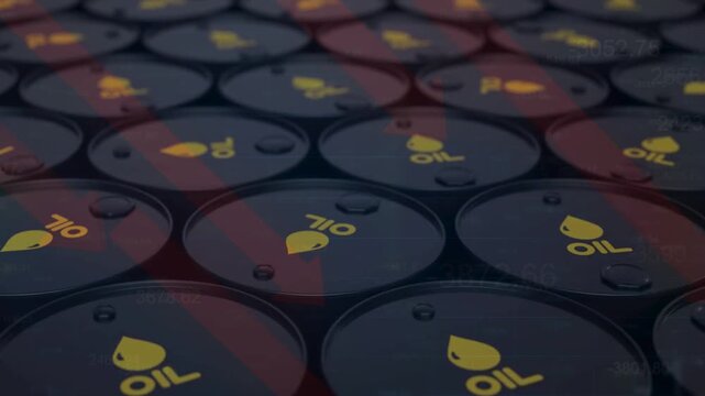 Rows of industrial black oil barrels are shown, accompanied by red arrows indicating a market downturn. This illustrates how political and economic fluctuations affect the oil market.