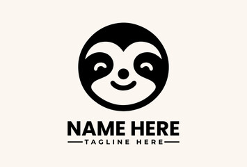 A stylized illustration of a smiling sloth face logo with a customizable name and tagline on a clean white background, featuring a vector graphic design.