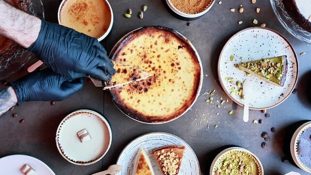 Pastry chef slicing a burnt basque cheesecake
