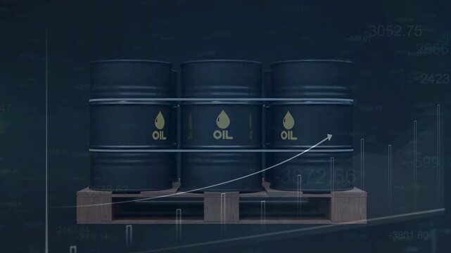 Industrial oil barrels stacked on wooden pallets with a rising financial growth chart in the background. This illustrates how political and economic fluctuations affect the oil market.
