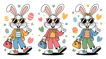 Fashionable easter bunnies in sunglasses and colorful outfits walking with bags