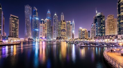 Naklejka premium Dubai skyline at night with illuminated skyscrapers reflecting on waterfront luxury marina and city lights