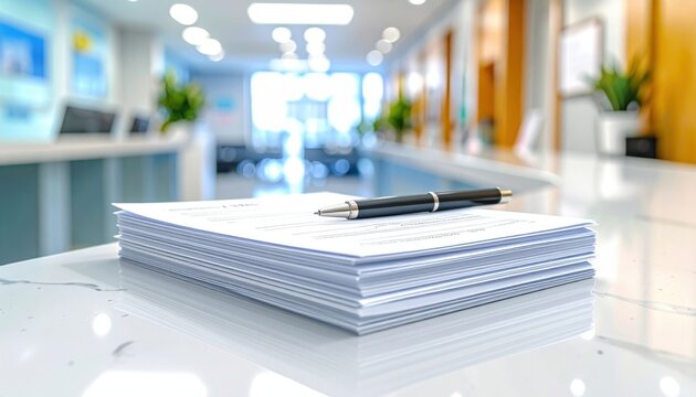 Stack of freshly printed prescription forms with a ballpoint pen resting on top, ready for medical documentation.