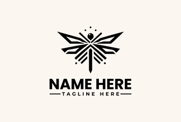Obraz premium A black dragonfly logo with geometric lines and dots on a cream background, accompanied by a 'NAME HERE' text placeholder and 'TAGLINE HERE' in a simple, modern design.