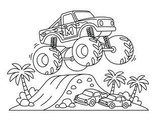 Monster truck coloring page illustration jumping over ramp in off road stunt scene © Crafter