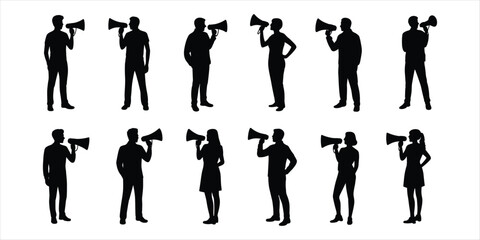 Fototapeta premium Collection of People Silhouettes Holding Megaphones on White Background person woman