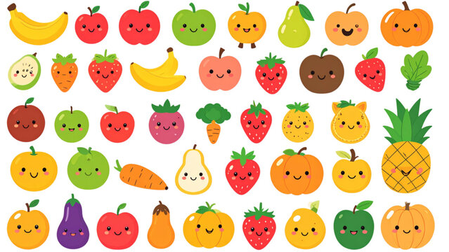 Cute fruits and vegetables cartoon vector set with smiling faces including banana apple carrot pumpkin strawberry and pineapple isolated on white background