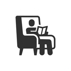 Fototapeta premium Person reading book in armchair icon. Leisure reading and relaxation concept. Monochrome black and white symbol