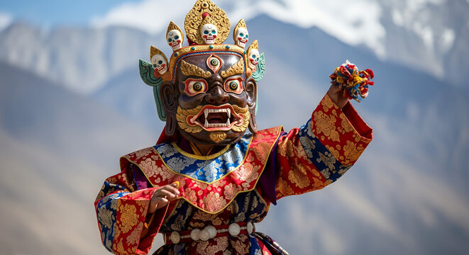 Cham Dance Mask, Close-up of a Tibetan Buddhist monk wearing a huge colorful wrathful deity mask, silk brocade costume, performing Cham dance, Himalayan mountains in the background