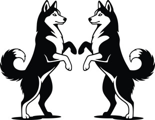 Mirrored Siberian husky dogs standing silhouette black and white vector illustration symmetrical canine design decorative animal logo style artwork © Arzina