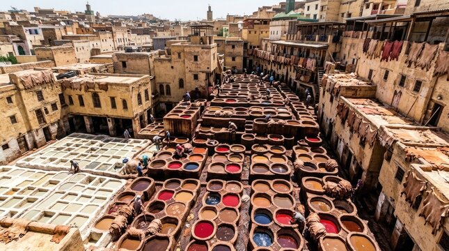 Aerial view of traditional Moroccan tannery, colorful dye vats in Fez medina